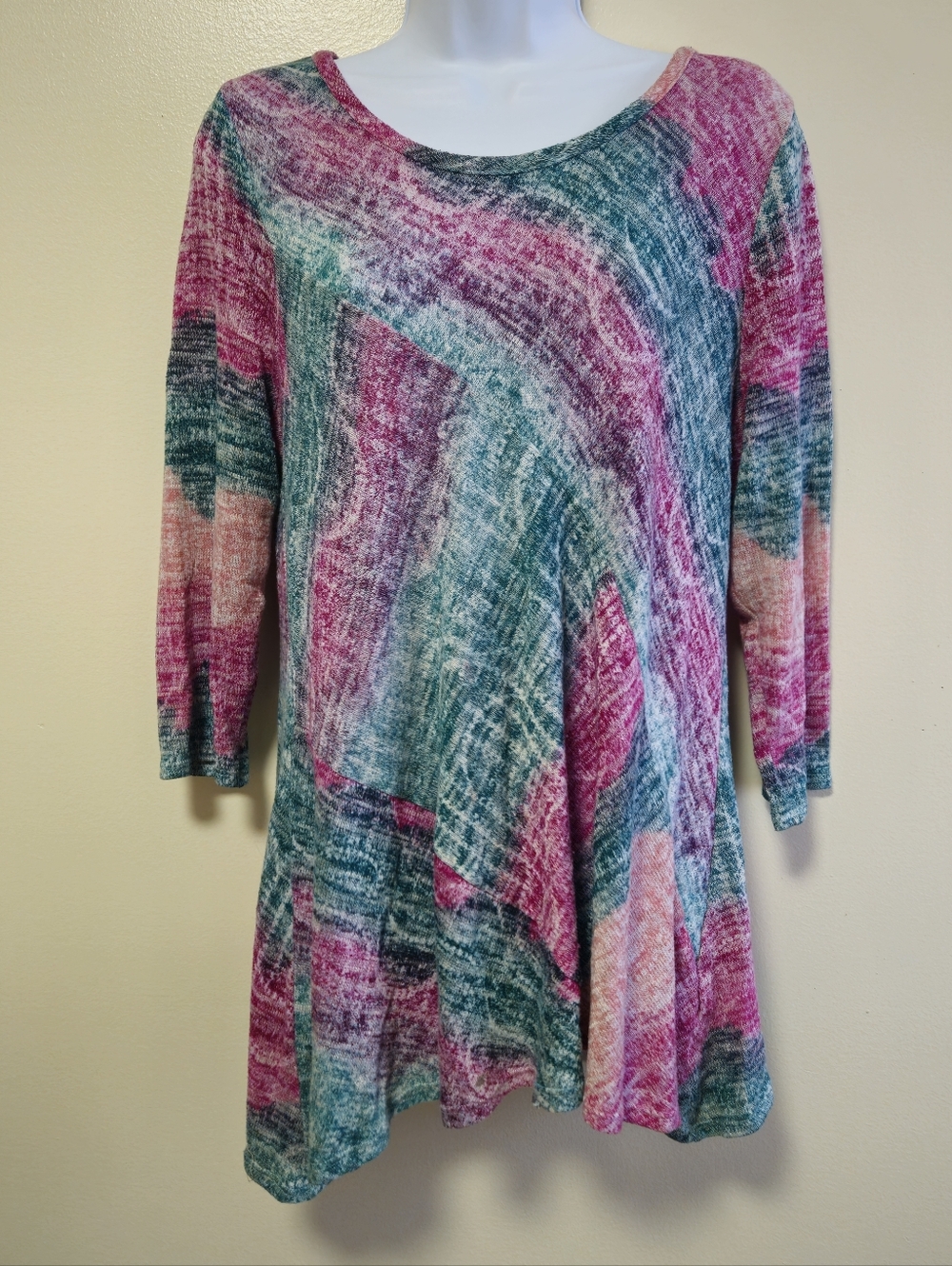 New Directions Colorblock Asymetric Boho Bright Tunic Hippie Women Large Petite